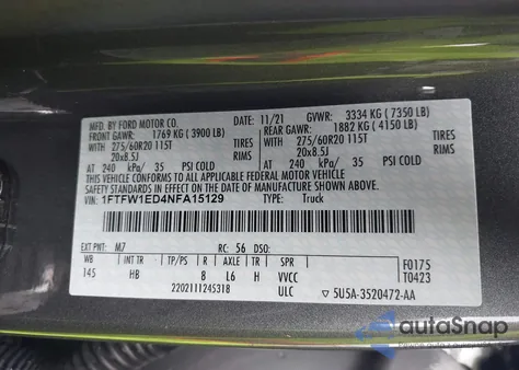 2022 Ford F-150 Lariat из США, поврежденный, VIN 1FTFW1ED4NFA15129